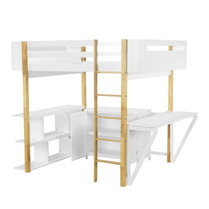Hochbett aus Holz mit integriertem Aufbewahrungsschrank und Regalen, klappbarer Schreibtisch