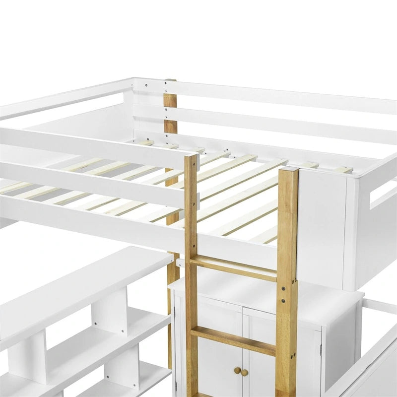 Hochbett aus Holz mit integriertem Aufbewahrungsschrank und Regalen, klappbarer Schreibtisch