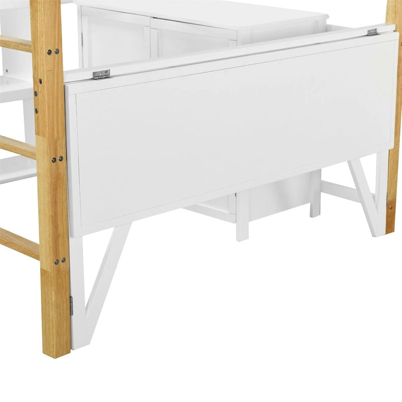 Hochbett aus Holz mit integriertem Aufbewahrungsschrank und Regalen, klappbarer Schreibtisch