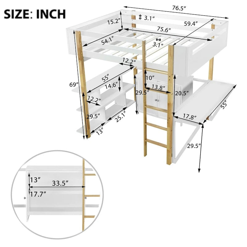 Hochbett aus Holz mit integriertem Aufbewahrungsschrank und Regalen, klappbarer Schreibtisch