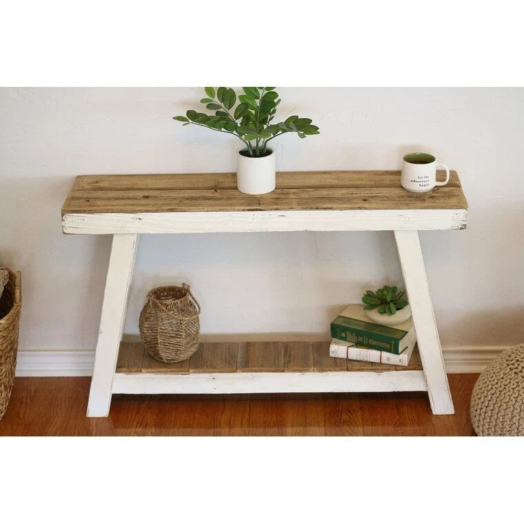 Modern A-Frame Console Table in White - 46" Reclaimed Wood with Distressed Weathered Finish, Ships Fully Assembled