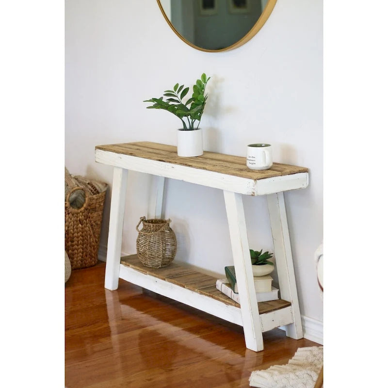 Modern A-Frame Console Table in White - 46" Reclaimed Wood with Distressed Weathered Finish, Ships Fully Assembled